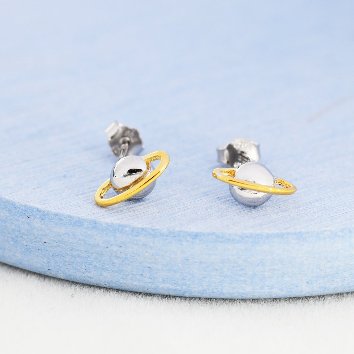 Planet Stud Earrings in Sterling Silver, Two Tone Silver Space Earrings, Saturn Earrings