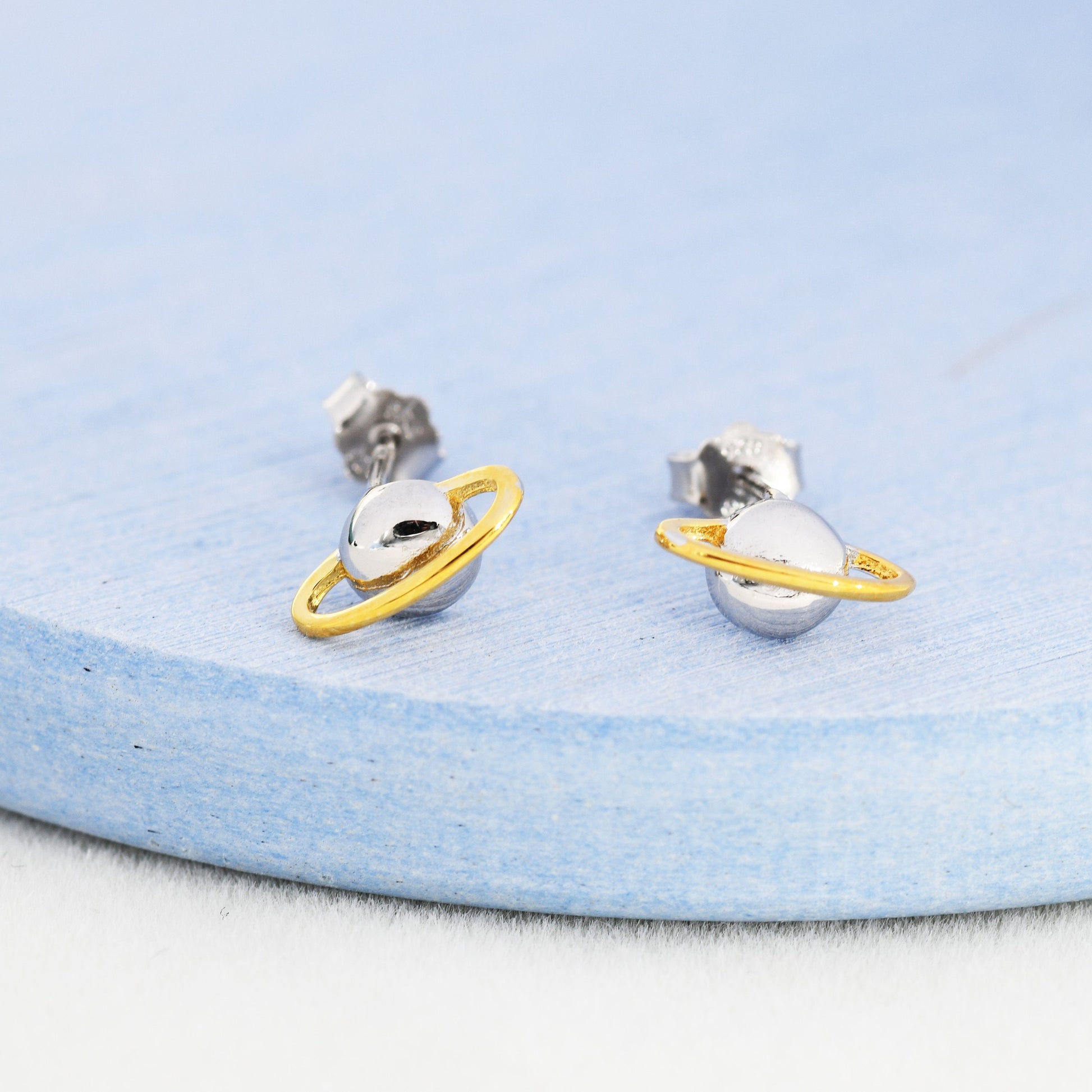 Planet Stud Earrings in Sterling Silver, Two Tone Silver Space Earrings, Saturn Earrings