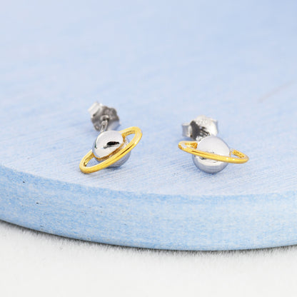 Planet Stud Earrings in Sterling Silver, Two Tone Silver Space Earrings, Saturn Earrings