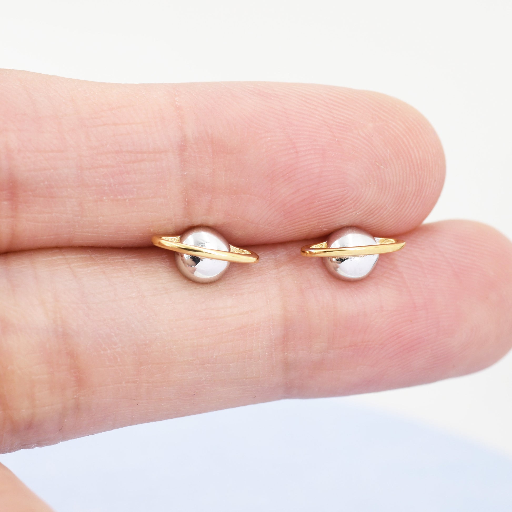 Planet Stud Earrings in Sterling Silver, Two Tone Silver Space Earrings, Saturn Earrings