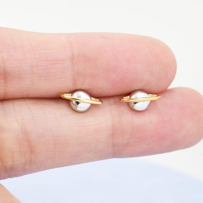 Planet Stud Earrings in Sterling Silver, Two Tone Silver Space Earrings, Saturn Earrings