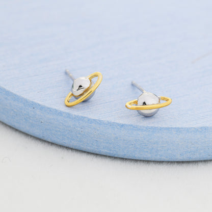 Planet Stud Earrings in Sterling Silver, Two Tone Silver Space Earrings, Saturn Earrings