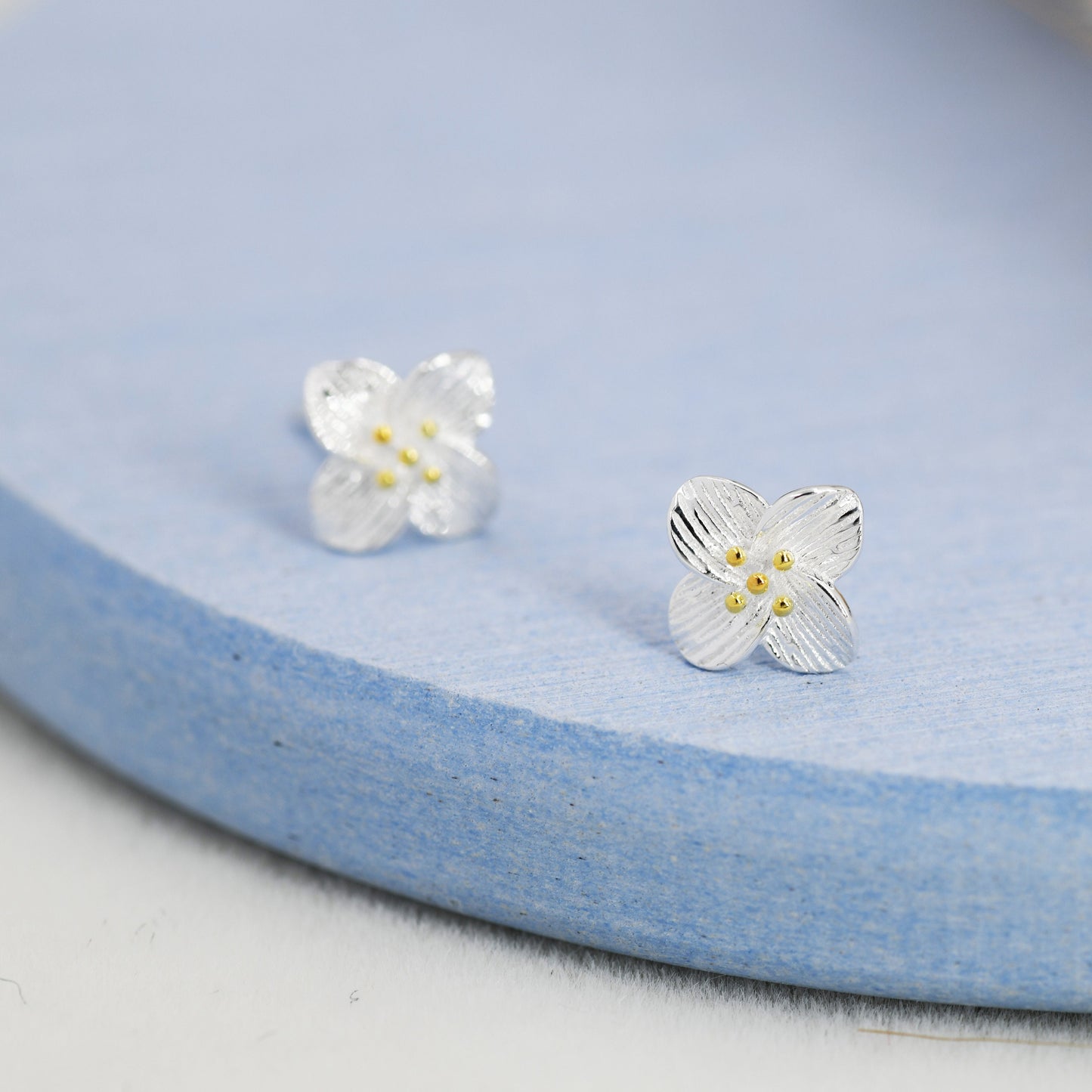 Dainty Flower Stud Earrings in Sterling Silver, Two Tone Silver Dogwood Flower Earrings, Nature Inspired Earrings, Plant Earrings