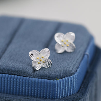 Dainty Flower Stud Earrings in Sterling Silver, Two Tone Silver Dogwood Flower Earrings, Nature Inspired Earrings, Plant Earrings