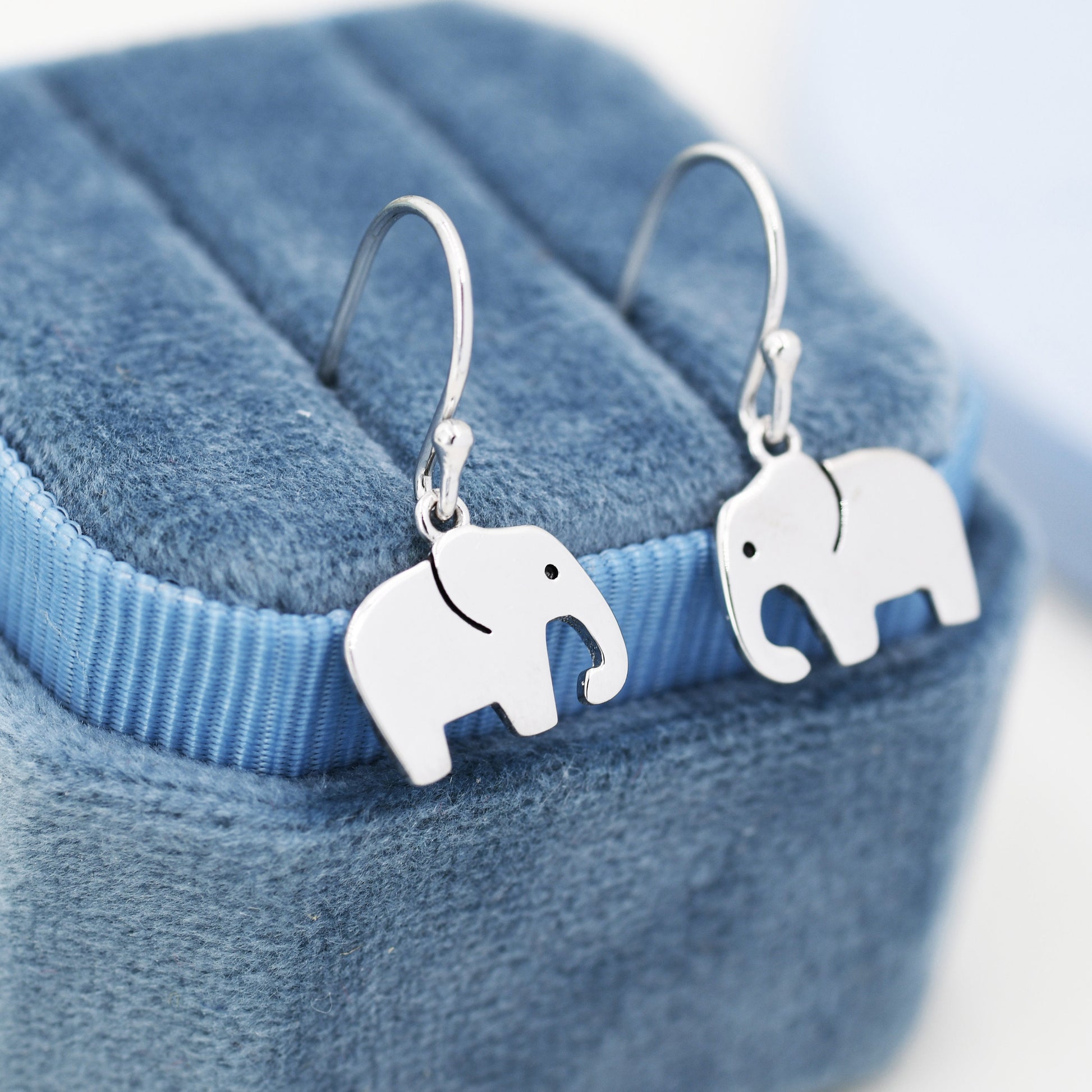 Elephant Drop Hook Earrings in Sterling Silver, Silver Animal Earrings, Nature Inspired Jewellery