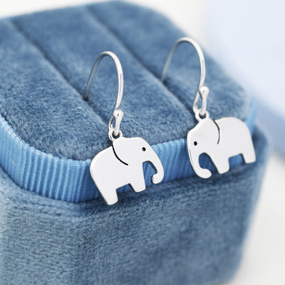 Elephant Drop Hook Earrings in Sterling Silver, Silver Animal Earrings, Nature Inspired Jewellery