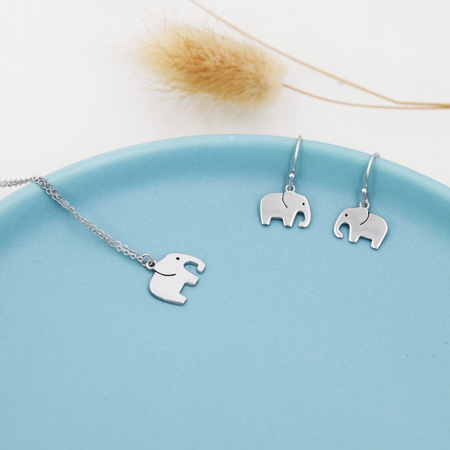 Sterling Silver Cute Elephant Necklace and Dangle Earrings in Sterling Silver, Silver Animal Earrings and Pendant, Nature Inspired Jewellery