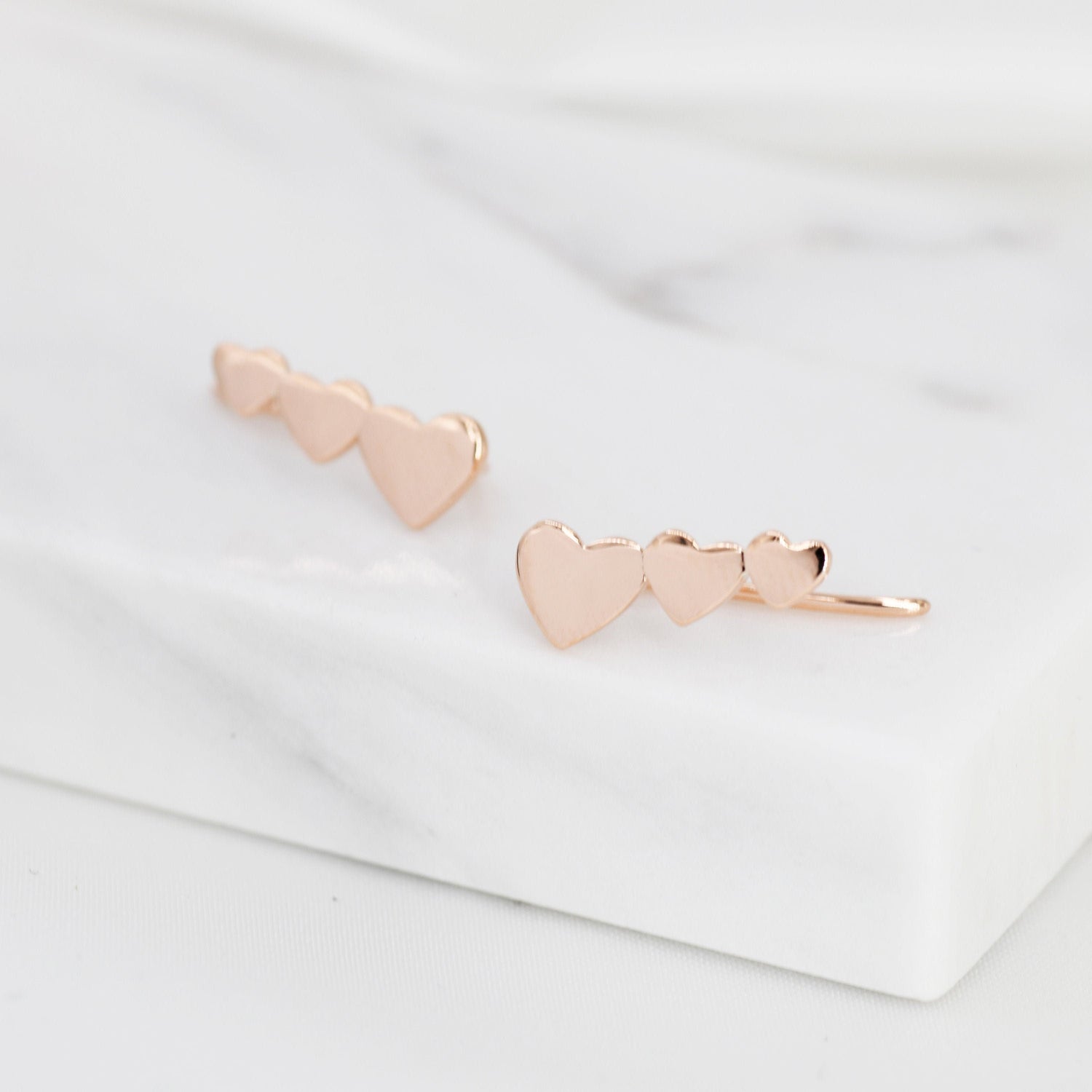 Three Heart Crawler Earrings in Sterling Silver, Silver, Gold or Rose Gold, Triple Hearts Climber Earrings, Ear Climbers