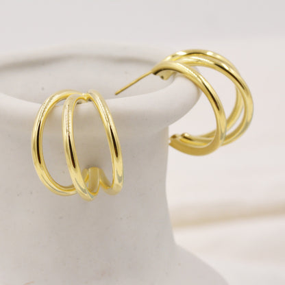 Chunky Triple Hoop Earrings in Sterling Silver, Silver or Gold Finish, Large Hoop Earrings, Chunky but Light Weight