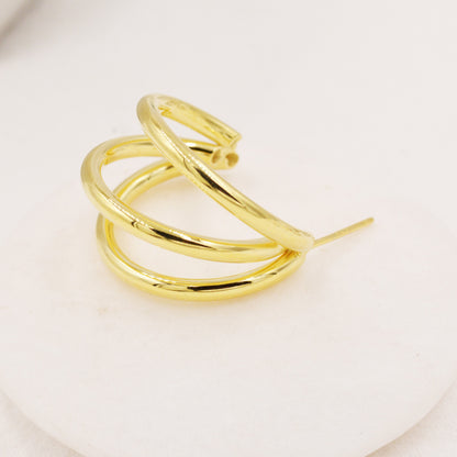 Chunky Triple Hoop Earrings in Sterling Silver, Silver or Gold Finish, Large Hoop Earrings, Chunky but Light Weight