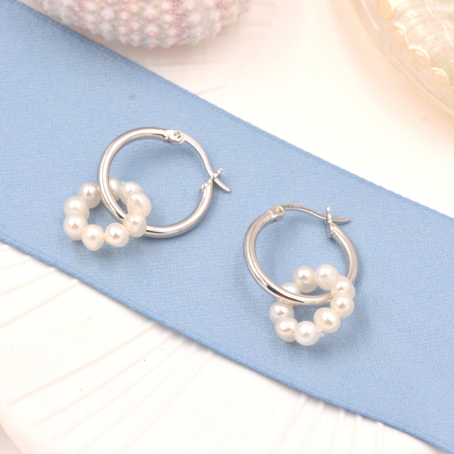 Pearl Wreath Hoop Earrings in Sterling Silver, Detachable Beaded Pearl Hoop Earrings, Pearl Charm Hoop Earrings, 14mm Hoops