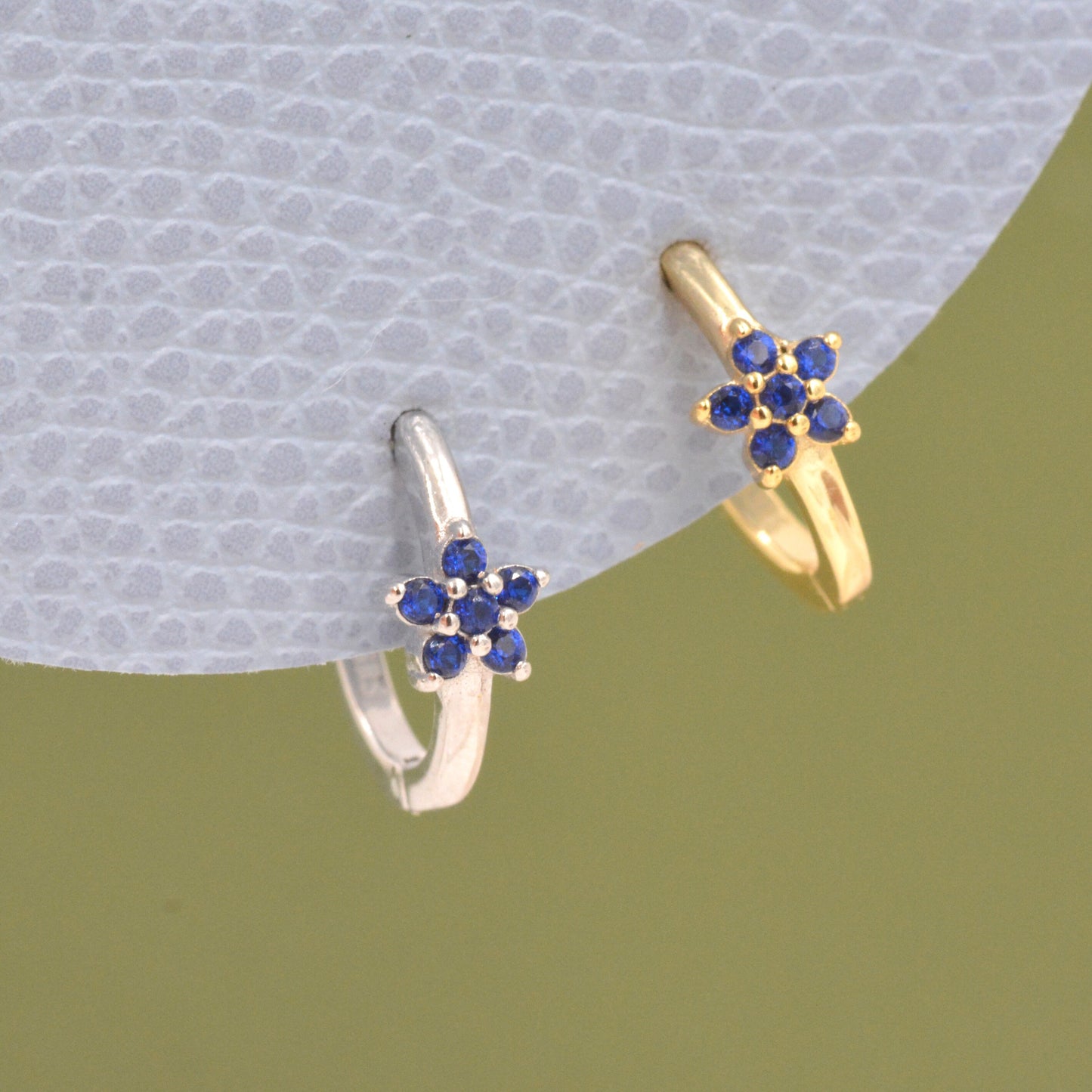 Tiny Sapphire Blue CZ Flower Huggie Hoops, CZ Hoop Earrings, Crystal Flower Huggie Earrings, September Birthstone