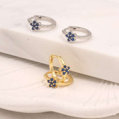 Tiny Sapphire Blue CZ Flower Huggie Hoops, CZ Hoop Earrings, Crystal Flower Huggie Earrings, September Birthstone