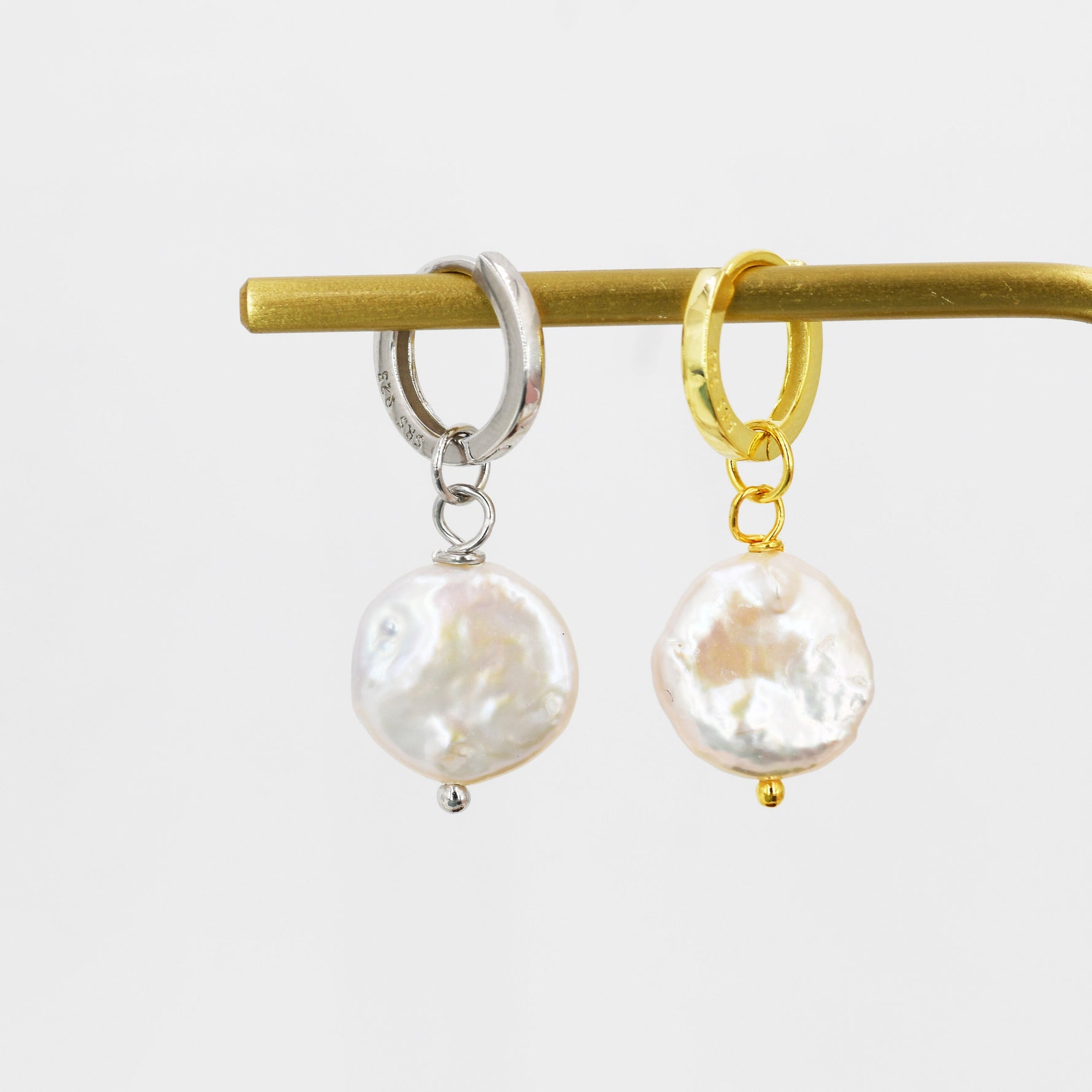 Coin Baroque Pearl Dangle Hoop Earrings in Sterling Silver, Detachable Pearl Hoop Earrings, Pearl Huggie Hoops, Keshi Pearls