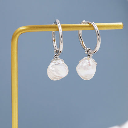 Irregular Shaped Baroque Pearl Dangle Hoop Earrings in Sterling Silver, Detachable Petal Pearl 12mm Hoop Earrings, Keshi Pearls