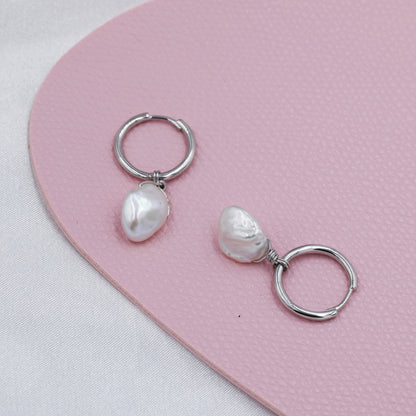 Irregular Shaped Baroque Pearl Dangle Hoop Earrings in Sterling Silver, Detachable Petal Pearl 12mm Hoop Earrings, Keshi Pearls