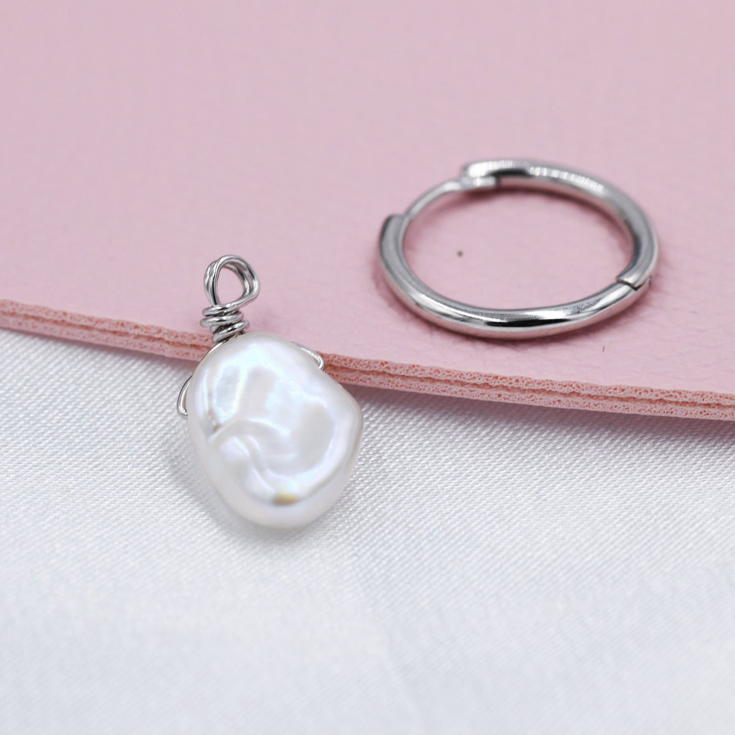 Irregular Shaped Baroque Pearl Dangle Hoop Earrings in Sterling Silver, Detachable Petal Pearl 12mm Hoop Earrings, Keshi Pearls