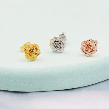 Sterling Silver Rose Earrings, Silver, Gold or Rose Gold, Rose Stud Earrings, Petite Flower Blossom Earrings, Nature Inspired