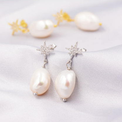 Starburst Star with Dangling Baroque Pearl Drop Earrings in Sterling Silver, Keshi Pearl Earrings,  Genuine Freshwater Pearls