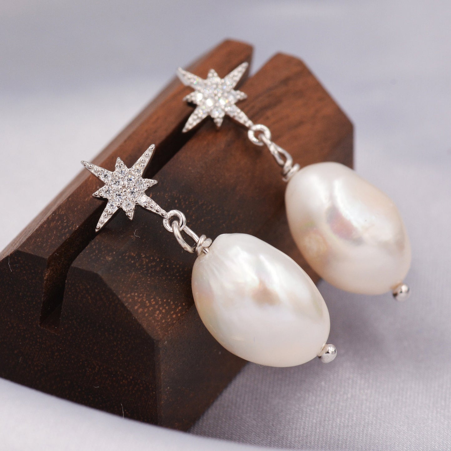 Starburst Star with Dangling Baroque Pearl Earrings in Sterling Silver, Keshi Pearl Drop Earrings,   Genuine Freshwater Pearls