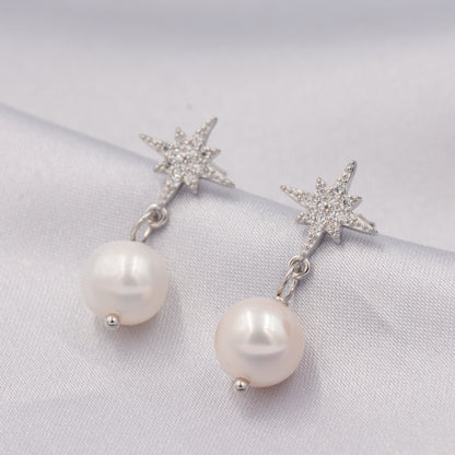 Starburst Star with Baroque Pearl Drop Earrings in Sterling Silver, Keshi Pearl Dangle Earrings,  Genuine Freshwater Pearls