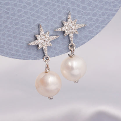 Starburst Star with Baroque Pearl Drop Earrings in Sterling Silver, Keshi Pearl Dangle Earrings,  Genuine Freshwater Pearls