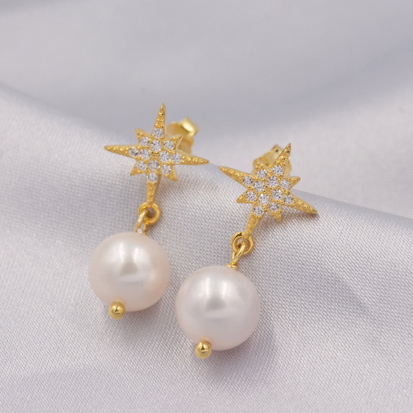 Starburst Star with Baroque Pearl Drop Earrings in Sterling Silver, Keshi Pearl Dangle Earrings,  Genuine Freshwater Pearls