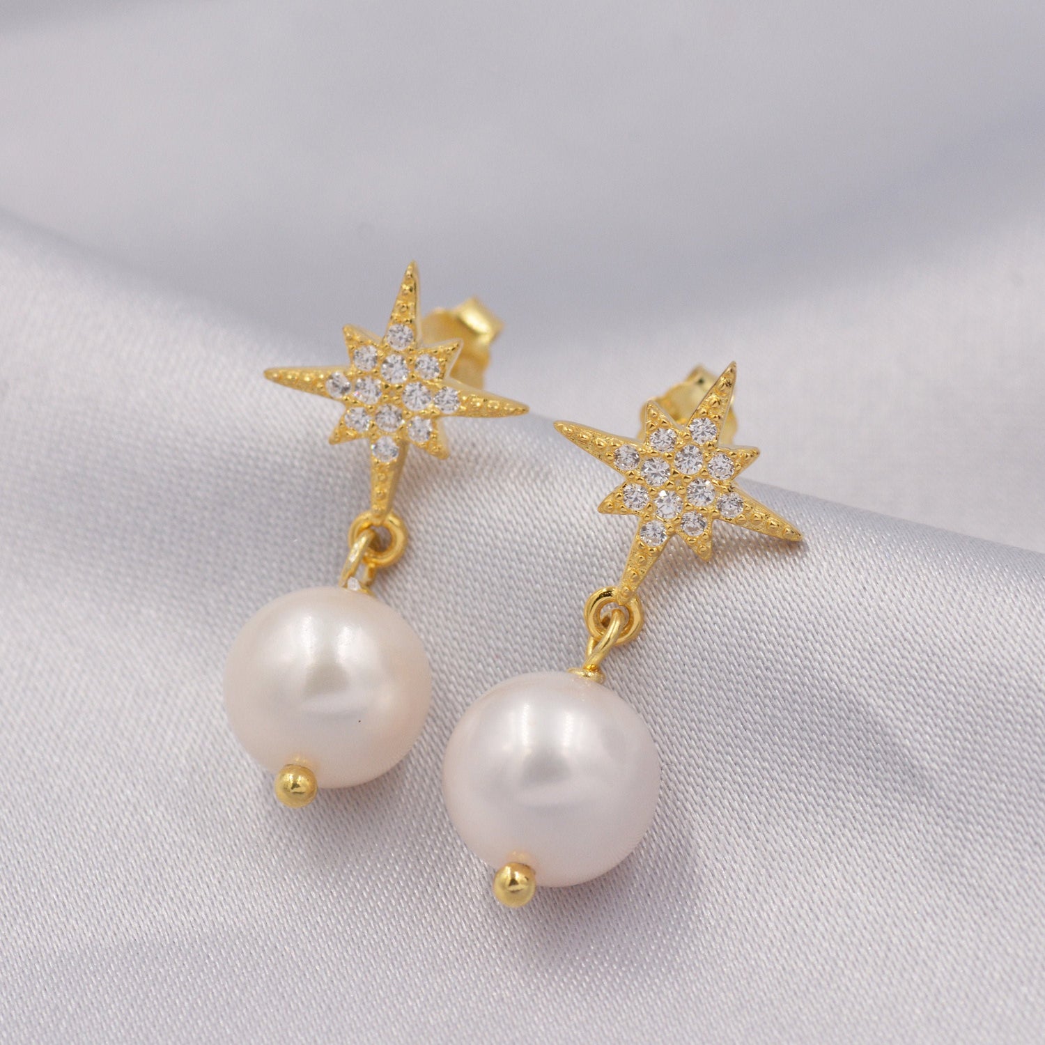 Starburst Star with Baroque Pearl Drop Earrings in Sterling Silver, Keshi Pearl Dangle Earrings,  Genuine Freshwater Pearls