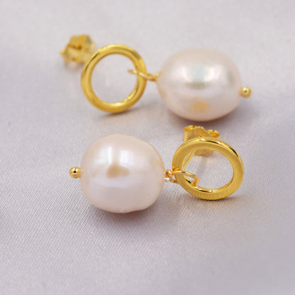 Circle with Dangling Baroque Pearl Drop Stud Earrings in Sterling Silver, Keshi Pearl Earrings, Gold or Silver, Genuine Pearls