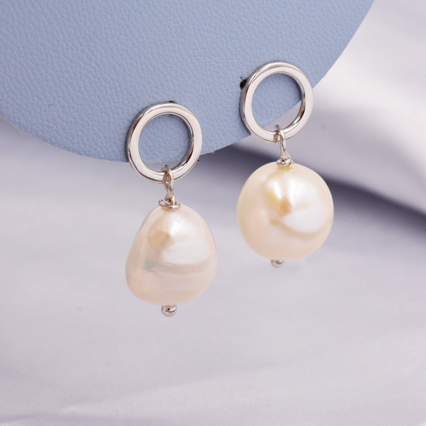 Circle with Dangling Baroque Pearl Drop Stud Earrings in Sterling Silver, Keshi Pearl Earrings, Gold or Silver, Genuine Pearls