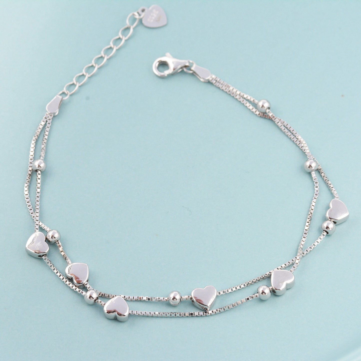 Heart Charm Bracelet in Sterling Silver, Solid Sterling Silver Heart Bracelet, Double Layer Heart Bracelet