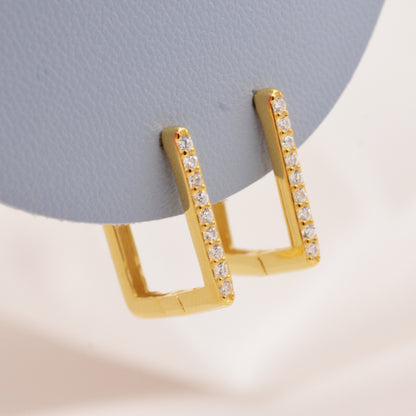 CZ Pave Square Huggie Hoop in Sterling Silver, Skinny Geometric Hoop Earrings, Gold or Silver, 11mm Minimalist Hoops