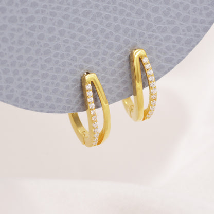 Double Huggie Hoop CZ Earrings in Sterling Silver, Geometric CZ Hoop Earrings, Silver, Gold or Rose Gold, 10mm, Minimalist Hoops