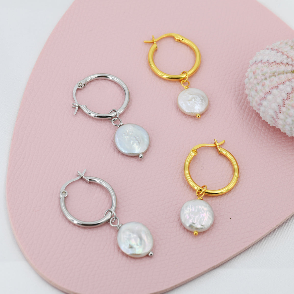 Coin Baroque Pearl Dangle Creole Hoop Earrings in Sterling Silver, Detachable Pearl Hoop Earrings, Pearl Huggie Hoops, Keshi Pearls