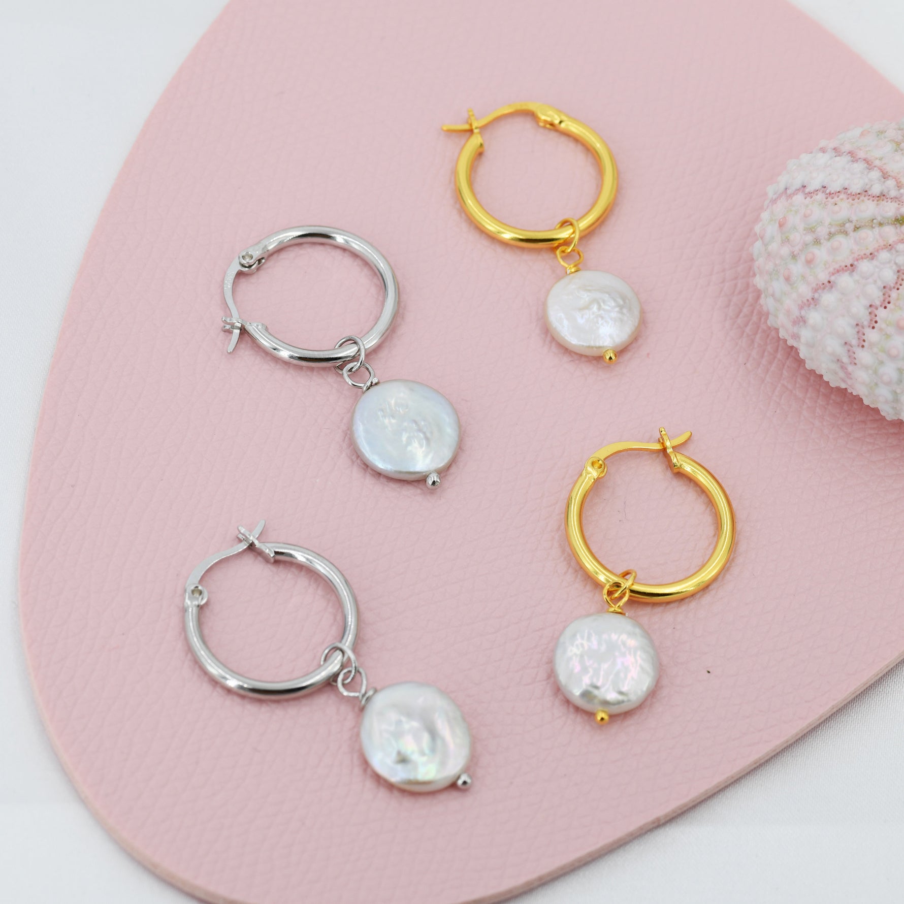 Coin Baroque Pearl Dangle Creole Hoop Earrings in Sterling Silver, Detachable Pearl Hoop Earrings, Pearl Huggie Hoops, Keshi Pearls