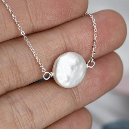 Coin Baroque Pearl Necklace in Sterling Silver, Keshi Pearl Necklace, Natural Freshwater Pearl Necklace