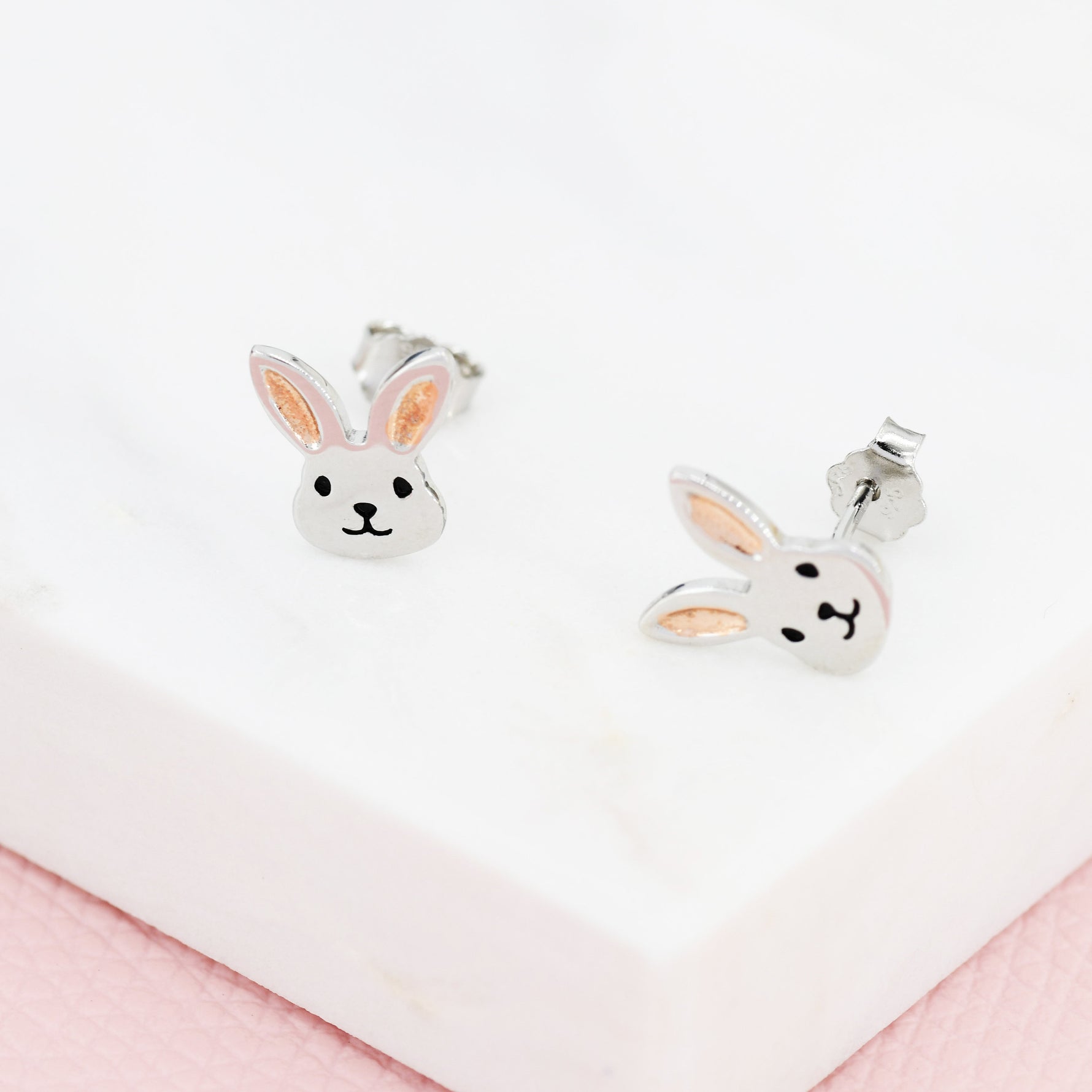 Cute Bunny Head Earrings in Sterling Silver, Silver and Rose Gold, Rabbit Stud Earrings, Rabbit Head Earrings, Animal Earrings