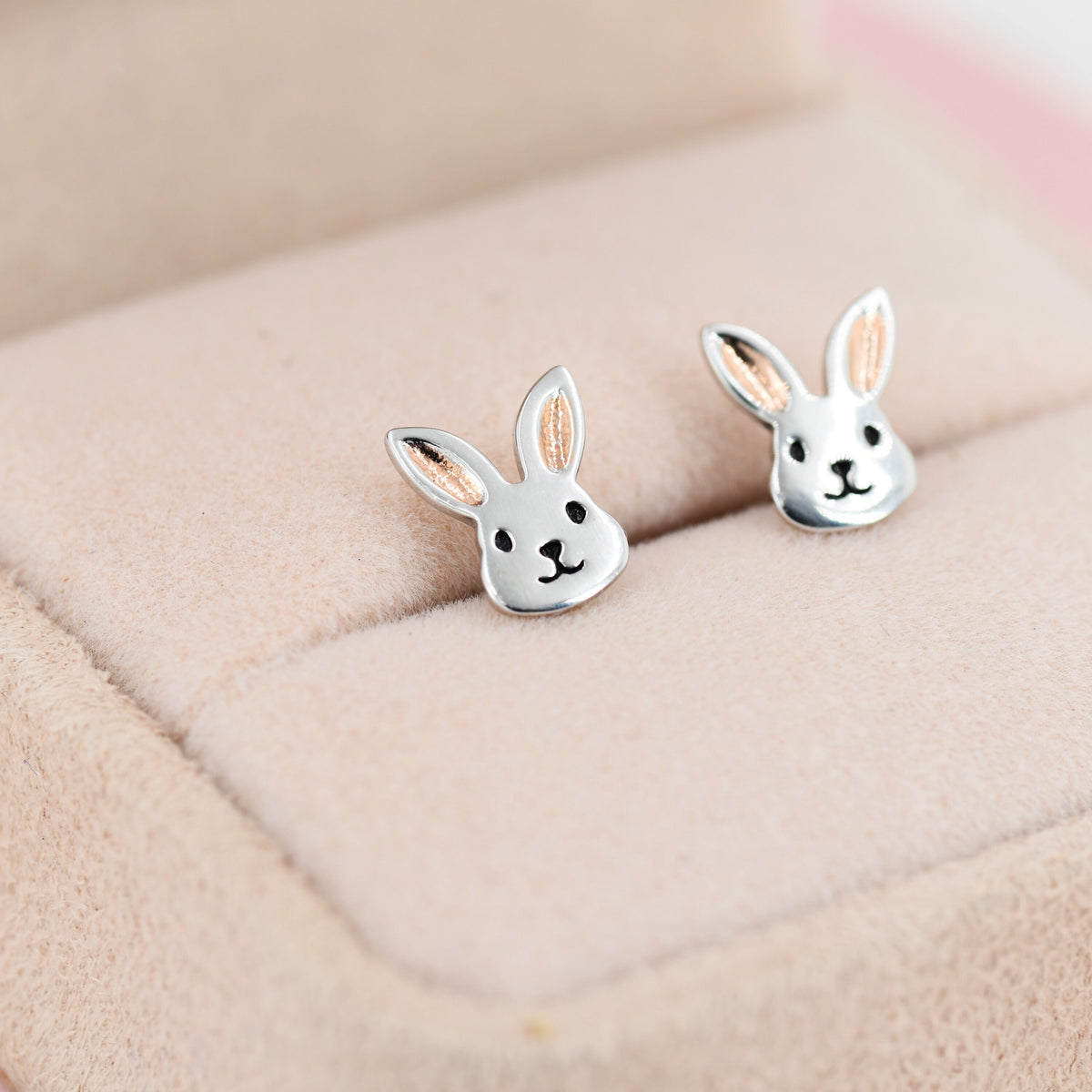 Cute Bunny Head Earrings in Sterling Silver, Silver and Rose Gold, Rabbit Stud Earrings, Rabbit Head Earrings, Animal Earrings