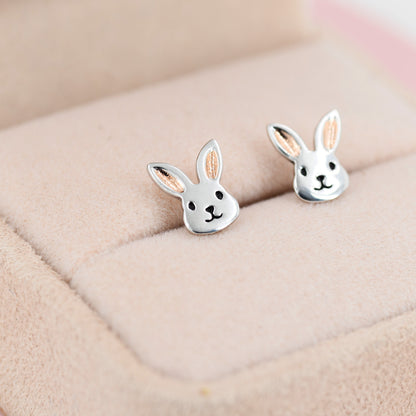 Cute Bunny Head Earrings in Sterling Silver, Silver and Rose Gold, Rabbit Stud Earrings, Rabbit Head Earrings, Animal Earrings