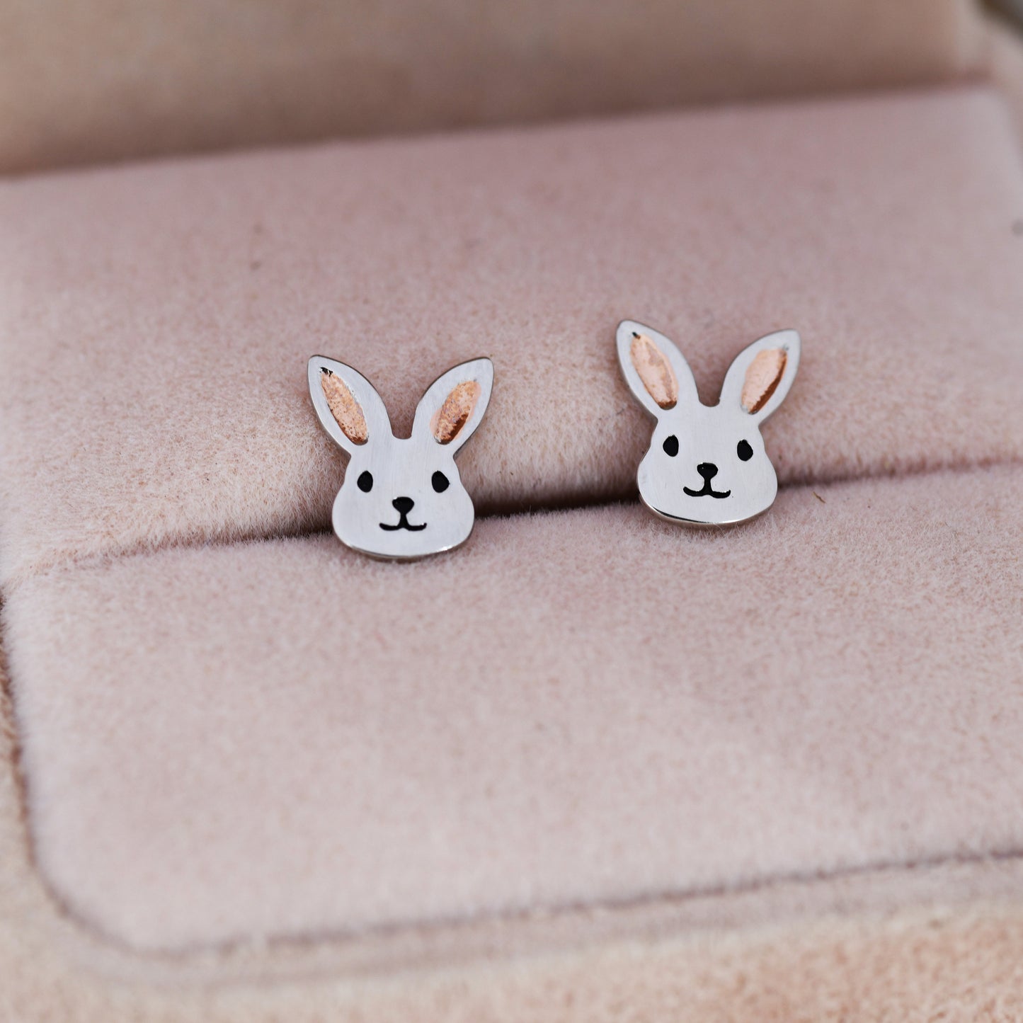 Cute Bunny Head Earrings in Sterling Silver, Silver and Rose Gold, Rabbit Stud Earrings, Rabbit Head Earrings, Animal Earrings