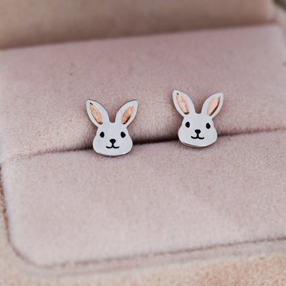 Cute Bunny Head Earrings in Sterling Silver, Silver and Rose Gold, Rabbit Stud Earrings, Rabbit Head Earrings, Animal Earrings