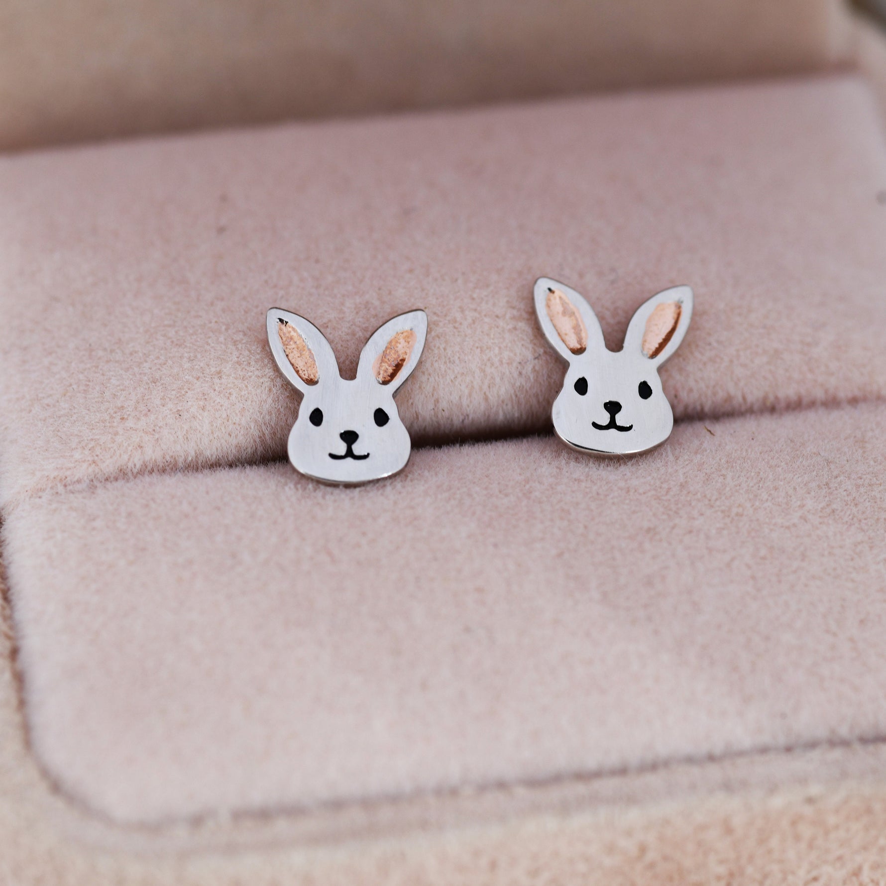 Cute Bunny Head Earrings in Sterling Silver, Silver and Rose Gold, Rabbit Stud Earrings, Rabbit Head Earrings, Animal Earrings