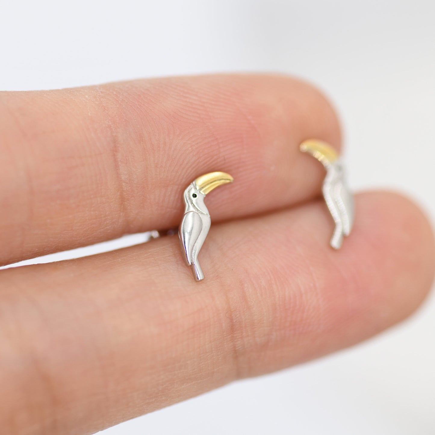 Tiny Toucan Bird Stud Earrings in Sterling Silver, Silver and 18ct Gold, Bird Stud Earrings, Nature Inspired Animal Earrings