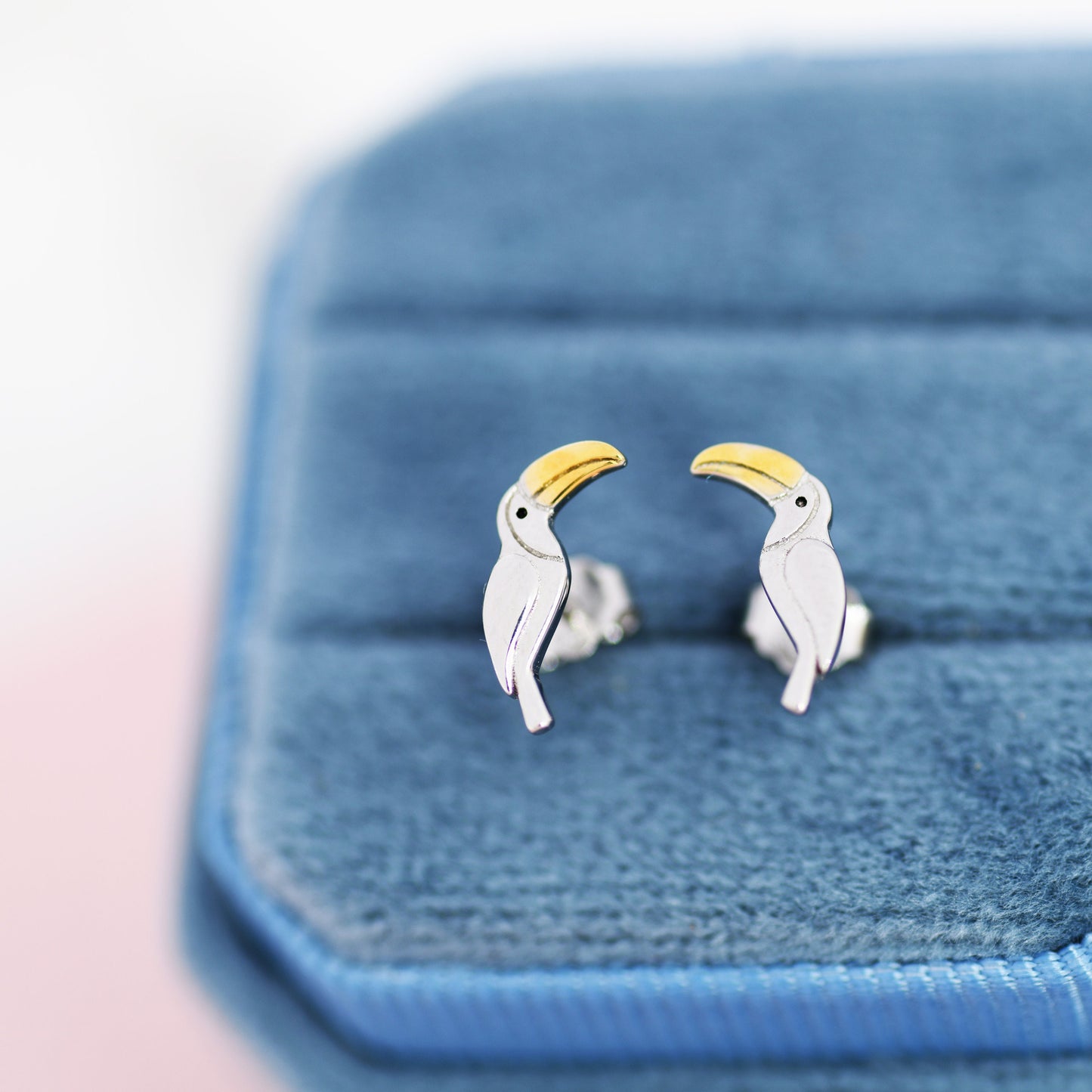 Tiny Toucan Bird Stud Earrings in Sterling Silver, Silver and 18ct Gold, Bird Stud Earrings, Nature Inspired Animal Earrings