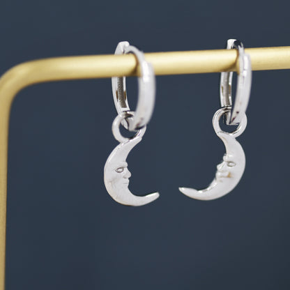 Sterling Silver Crescent Moon Face Hoop Earrings, Detachable Charm Dangle Hoop Earrings, Silver or Gold,  Interchangeable Charms