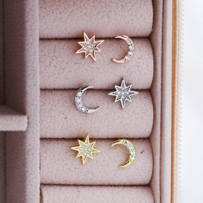 Asymmetric Moon and Starburst Stud Earrings, Silver, Gold or Rose Gold, Star Stud Earrings, Petite Celestial Earrings