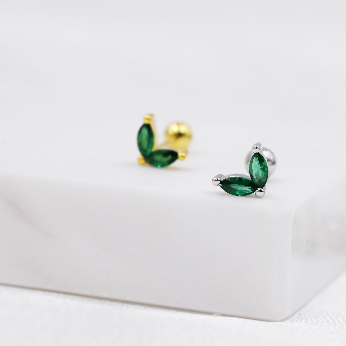 Sterling Silver Emerald Green CZ Marquise Leaf Duo Barbell Earrings, Gold or Silver, Marquise Fan Screwback Earrings, Screw Back Earrings