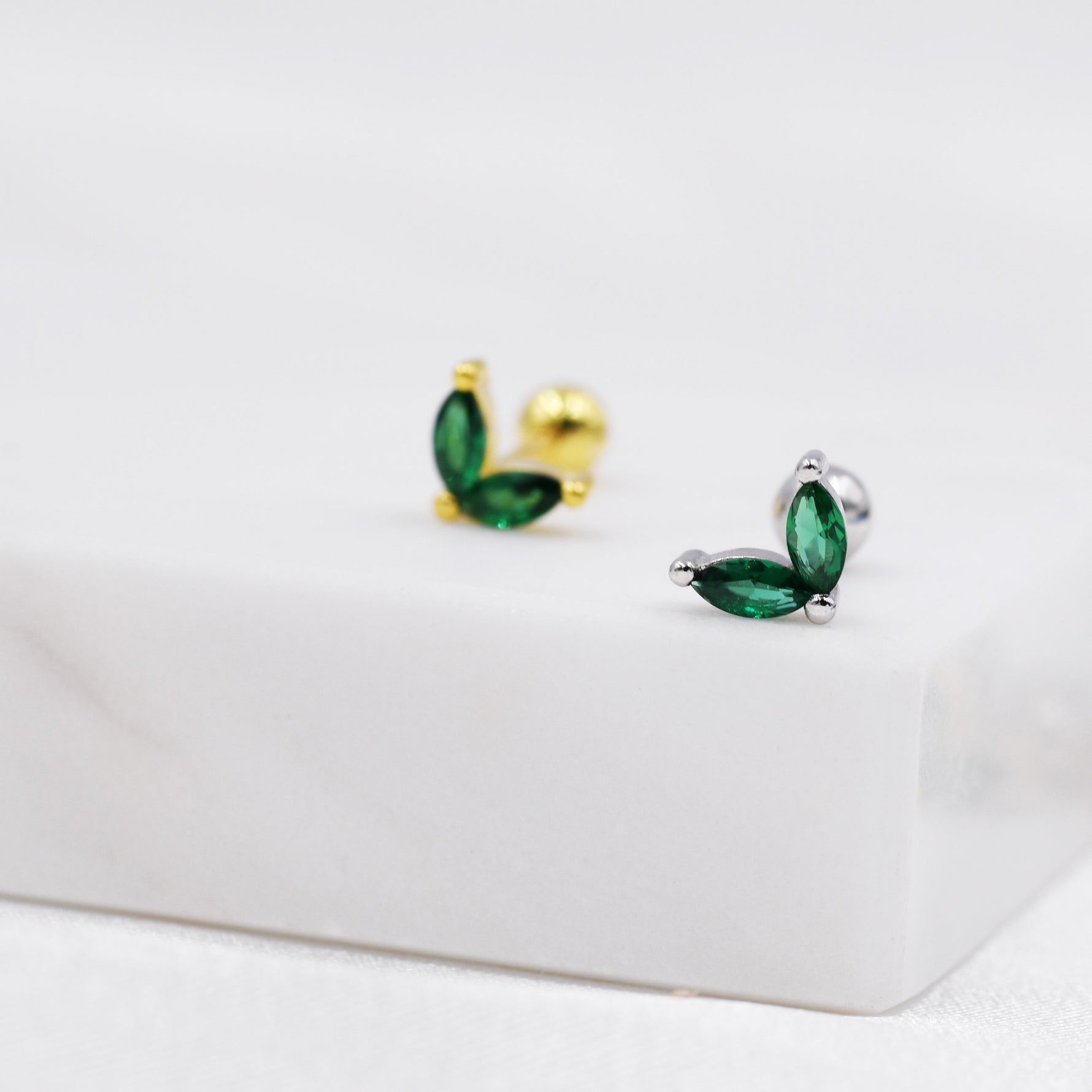 Sterling Silver Emerald Green CZ Marquise Leaf Duo Barbell Earrings, Gold or Silver, Marquise Fan Screwback Earrings, Screw Back Earrings