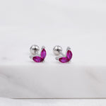 Sterling Silver Ruby Red CZ Marquise Leaf Duo Barbell Earrings, Gold or Silver, Marquise Fan Screwback Earrings, Two Marquise