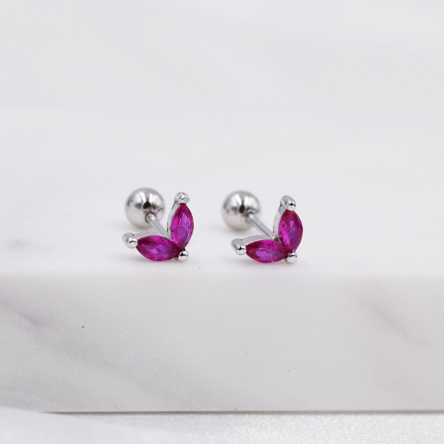 Sterling Silver Ruby Red CZ Marquise Leaf Duo Barbell Earrings, Gold or Silver, Marquise Fan Screwback Earrings, Two Marquise